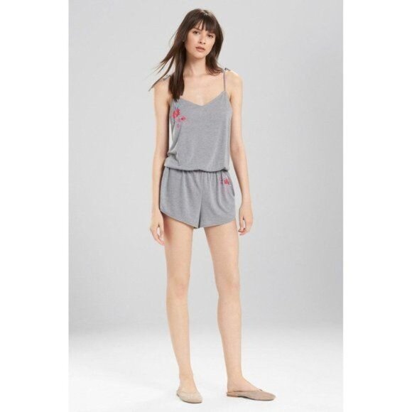 Josie Natori Heather Grey Floral Embroidery Romper - Picture 1 of 3